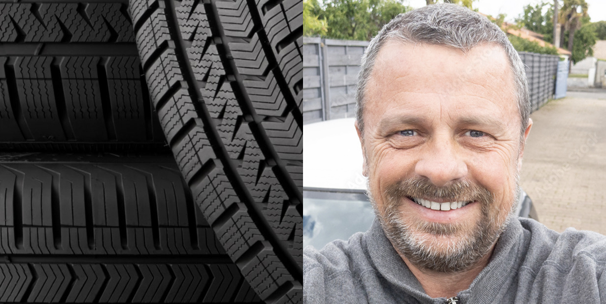 tires and guy split image