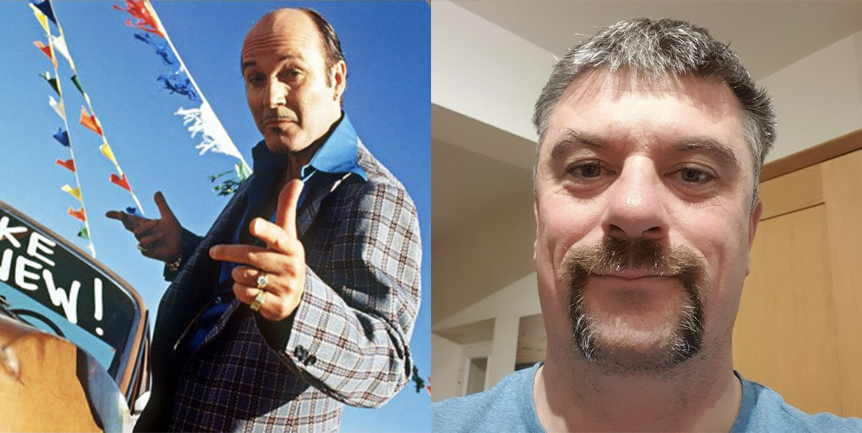 Car salesman and middle aged man split image
