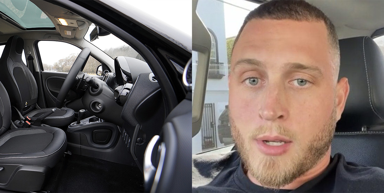 Car interior and man split image
