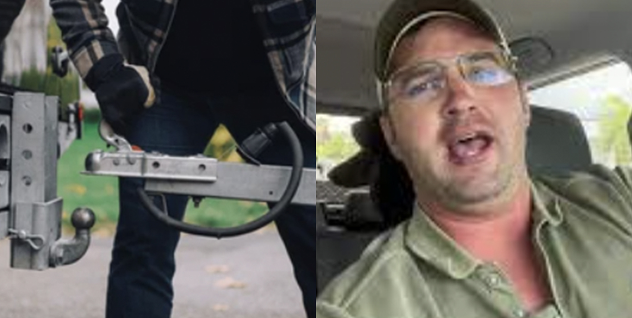 Truck hitch and middle aged man talking split image