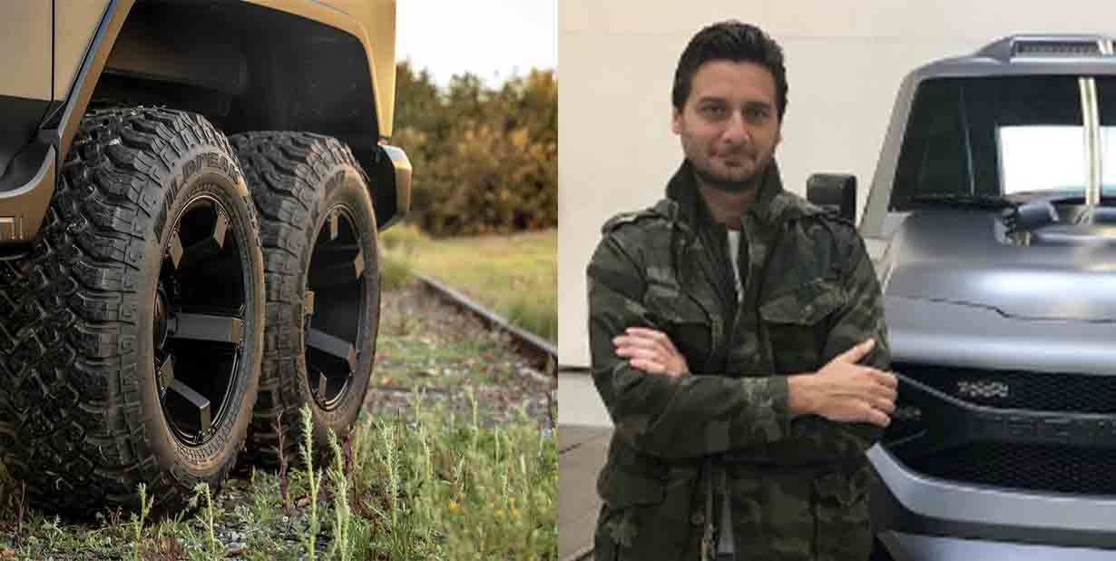 Tires and man in camo standing split image