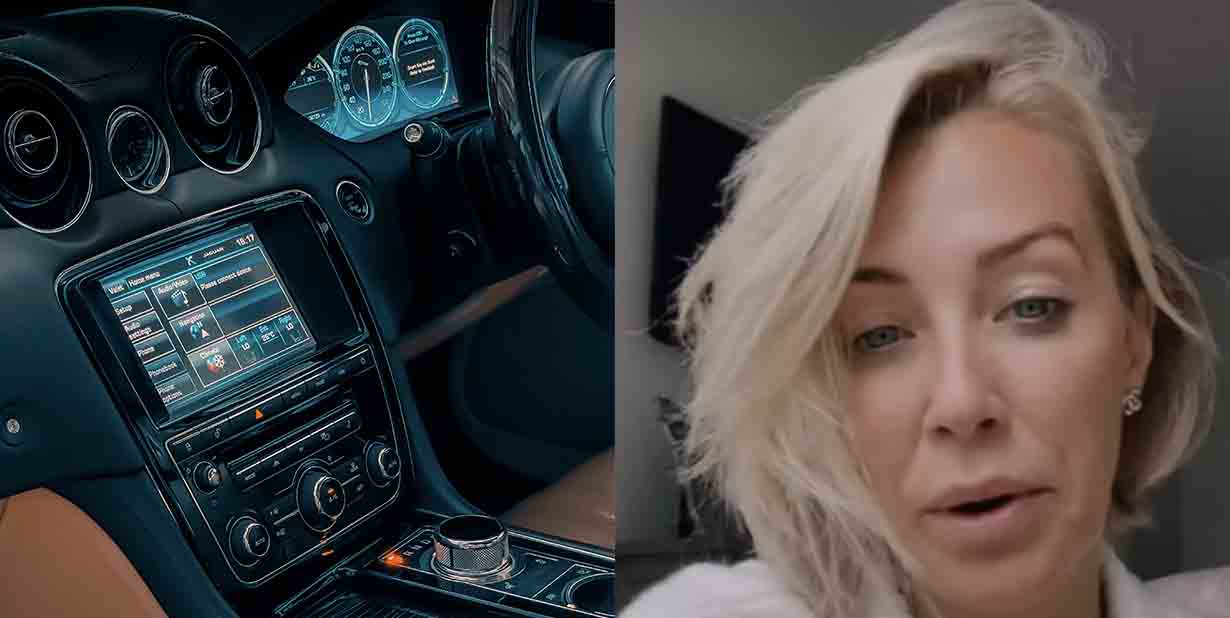 Vehicle interior and blond woman split image