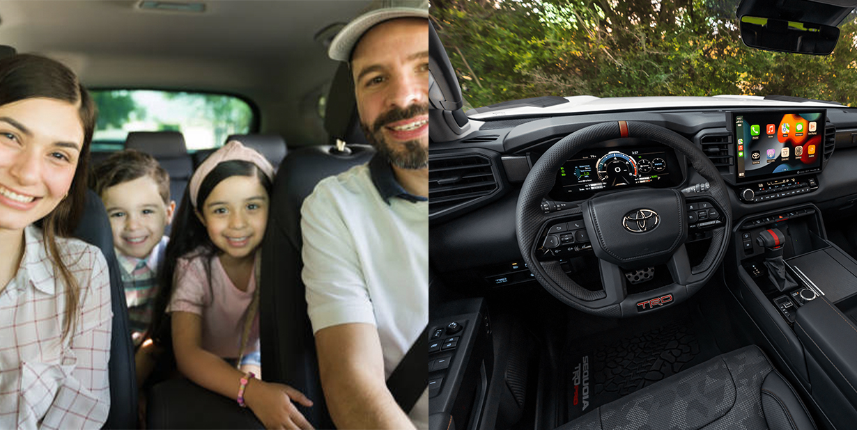 family and interior of car split image