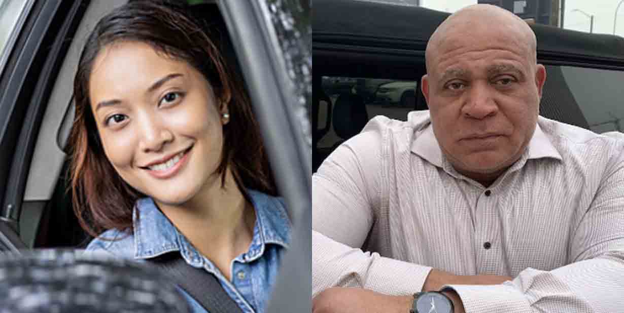 Woman in car and man with crossed arms split image