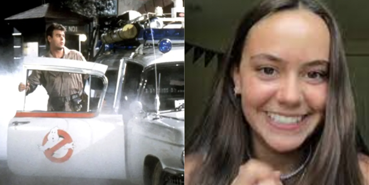 Ghostbusters car and happy girl split image