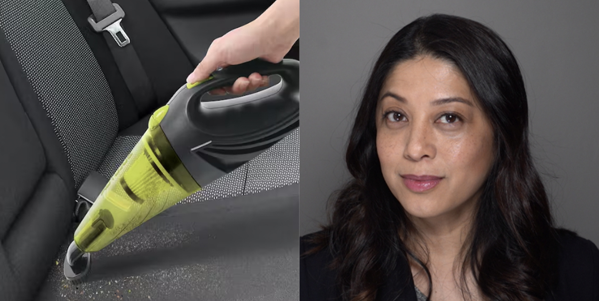 car vacuum and woman split image