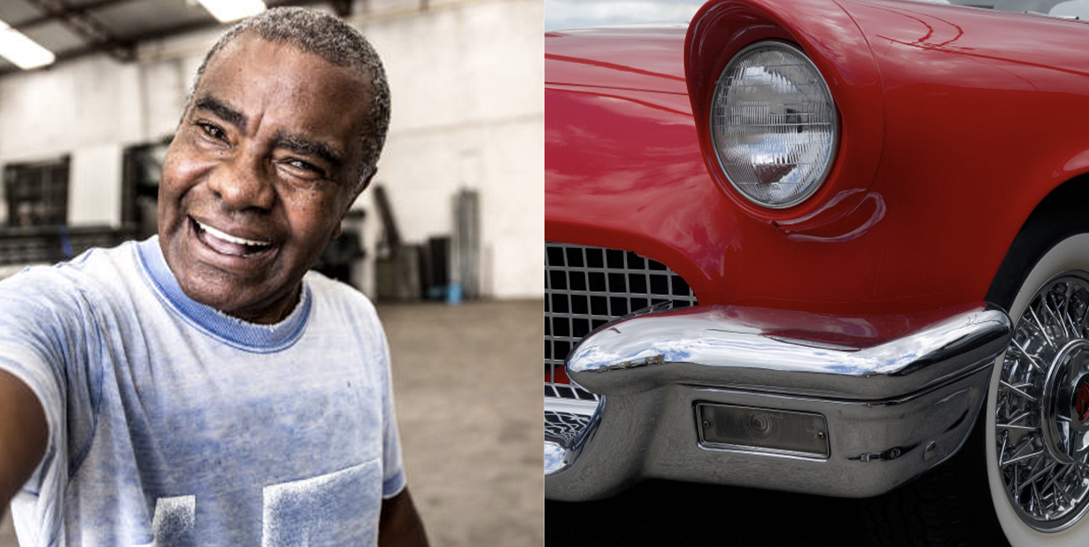 Excited man and thunderbird car split image