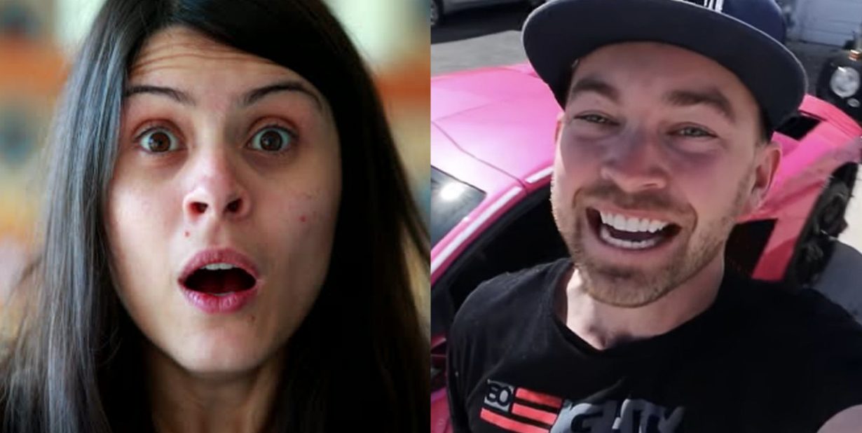 Shocked woman and excited man split image