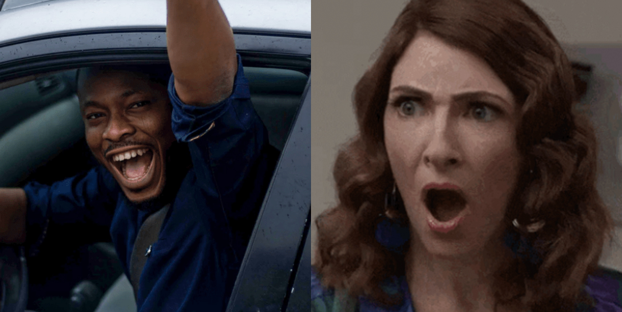 Excited man and shocked woman split image