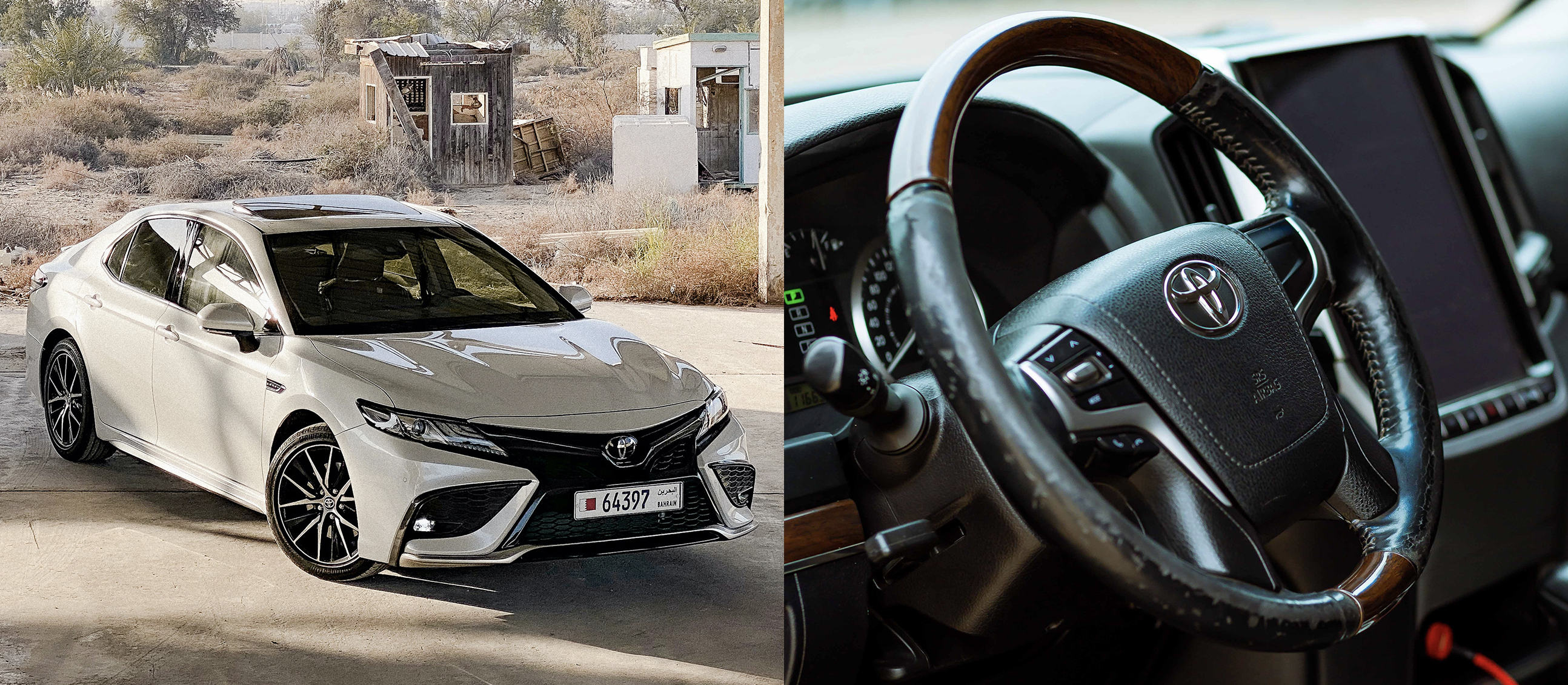 Toyota Camry and Steering Wheel split image