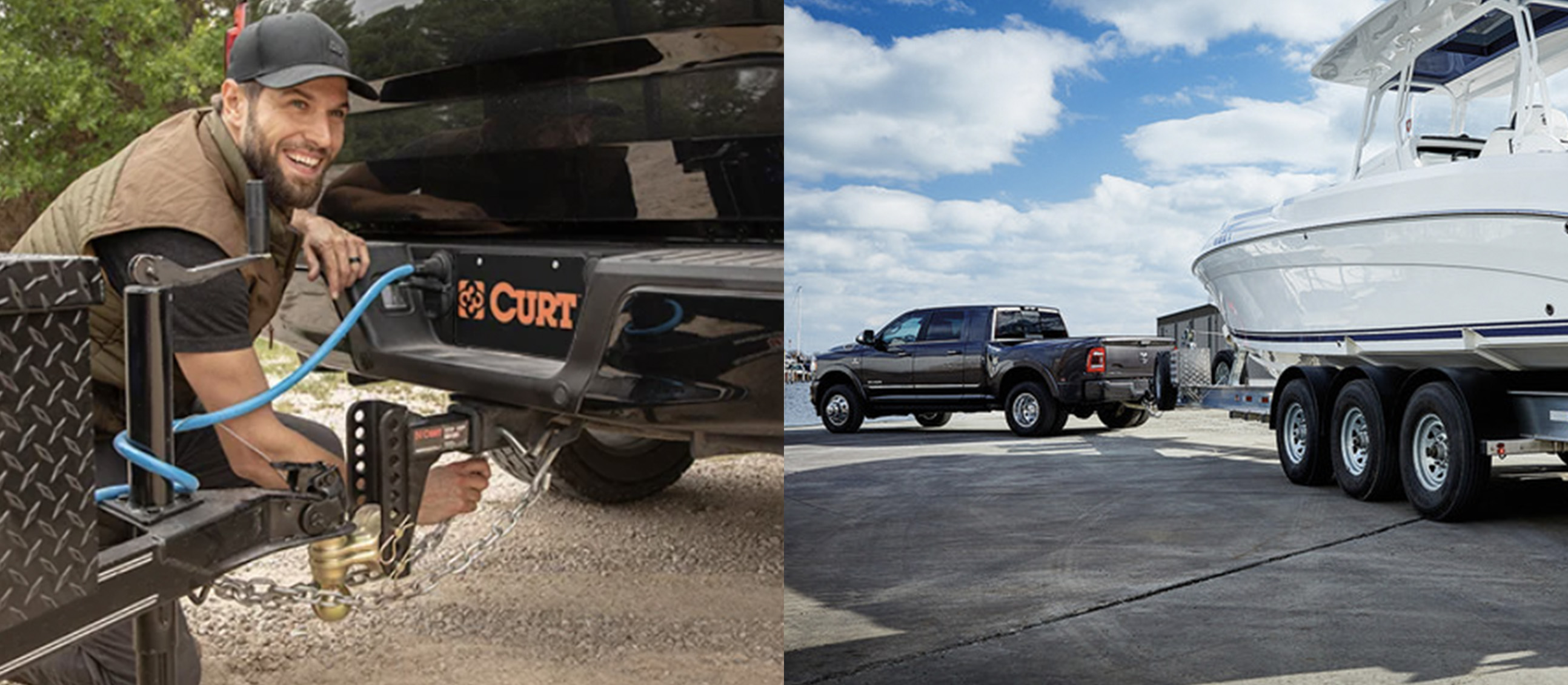 man hooking up trailer and truck pulling large boat split image