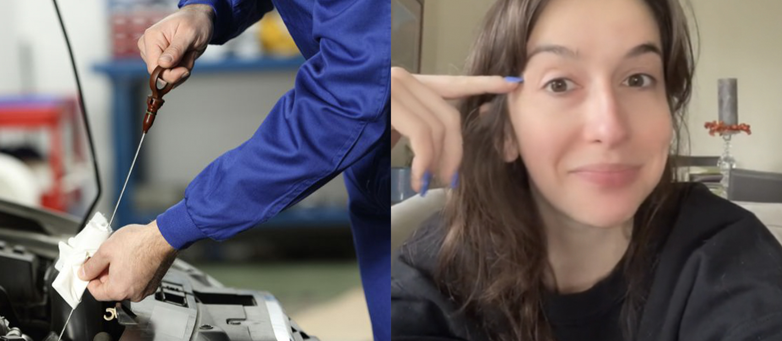 Changing car oil and confused girl split image