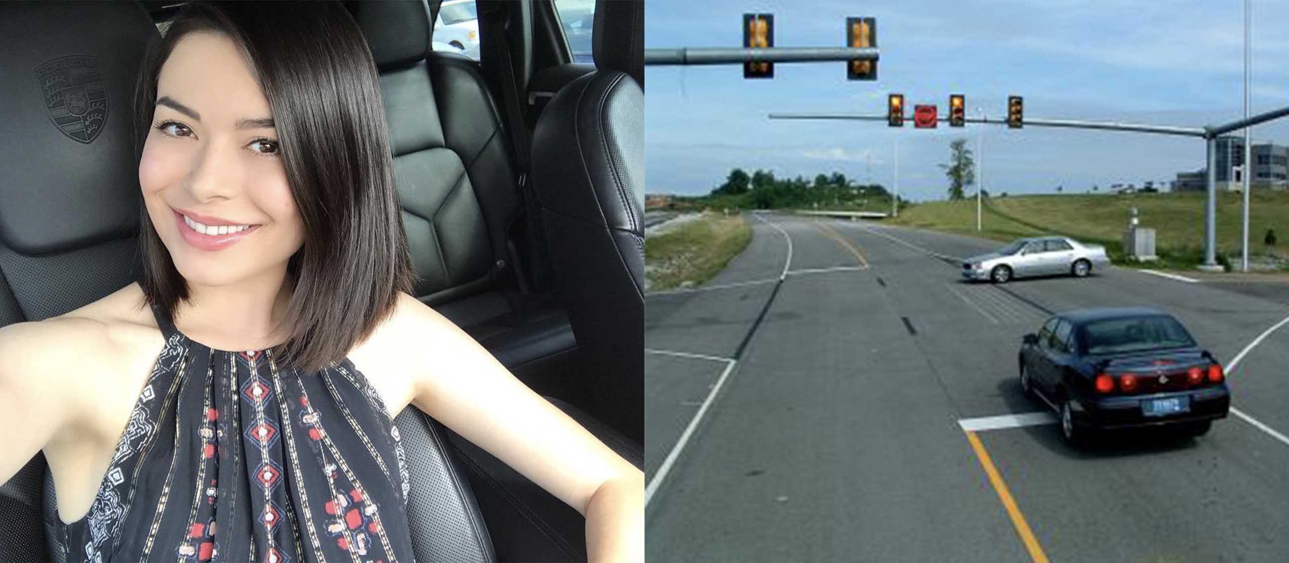 Car selfie and intersection split image