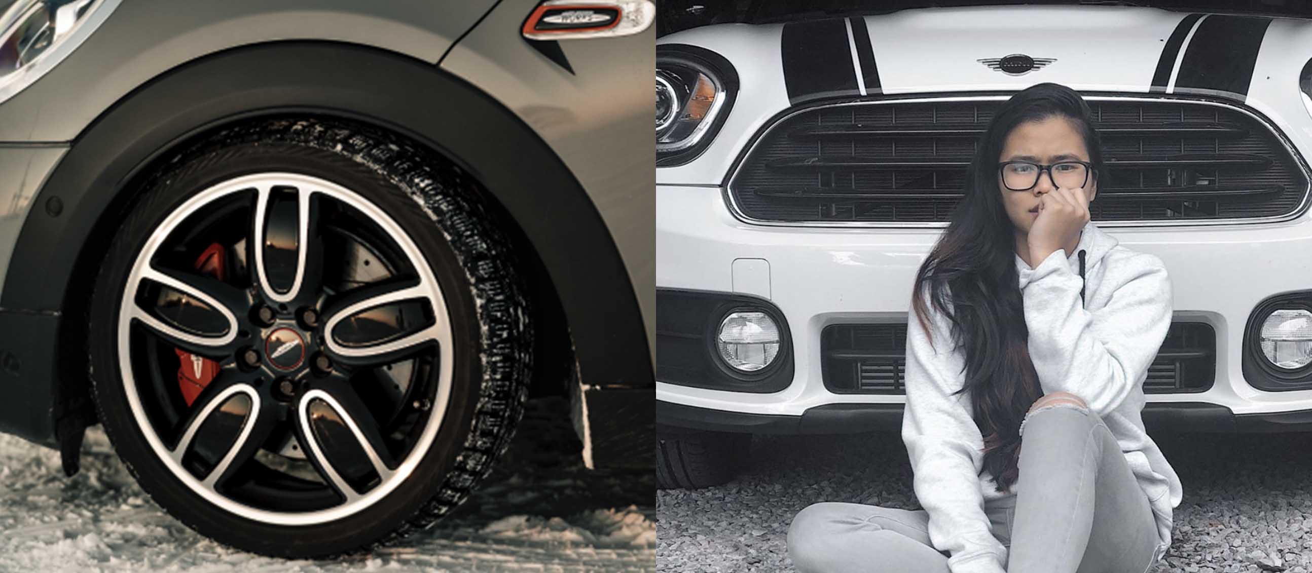 Car and woman sitting with car split image