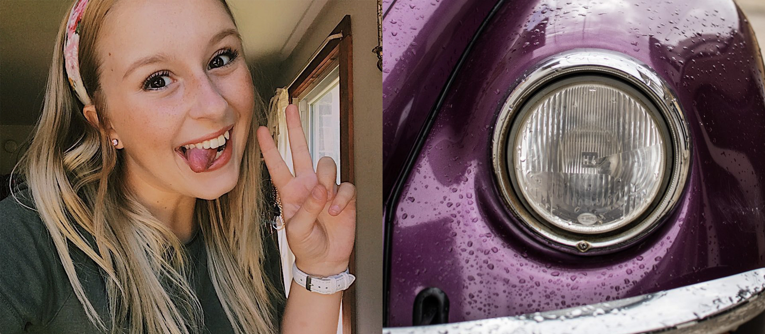 Girl peace sign and headlight split image