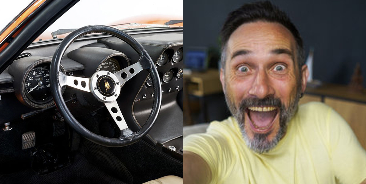 Lambo steering wheel and excited man split image