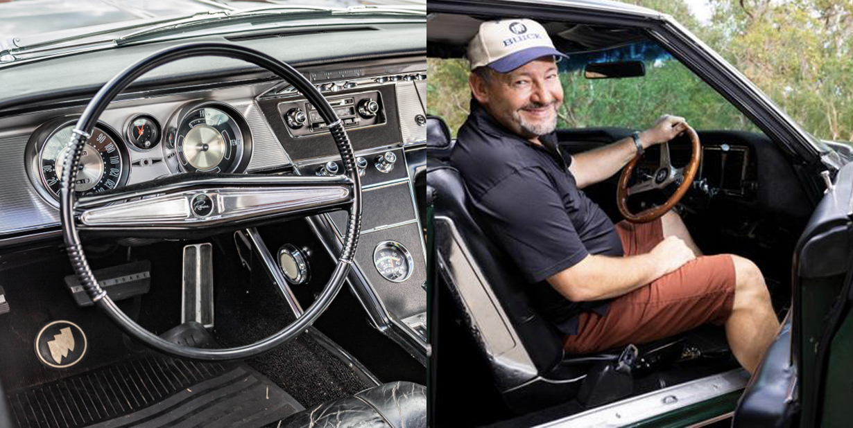 Steering wheel and man sitting in car split image