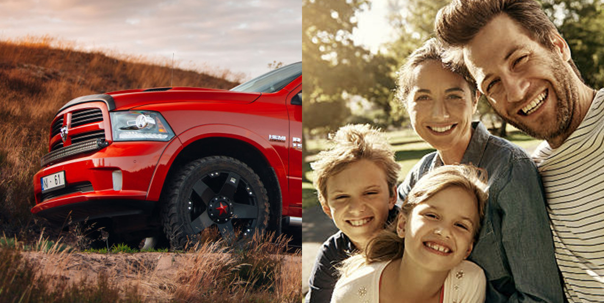 family selfie and red truck split image