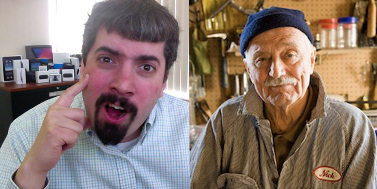 shocked man and mechanic split image