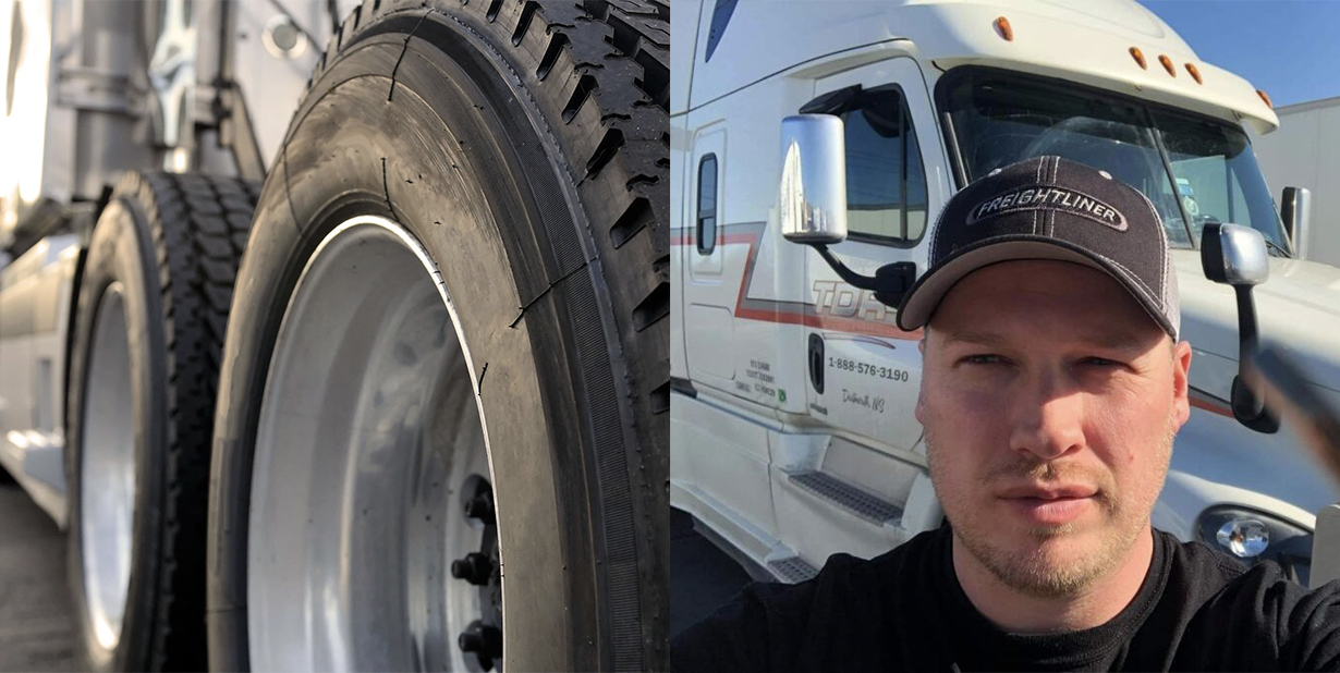 semi truck tires and truck driver split image
