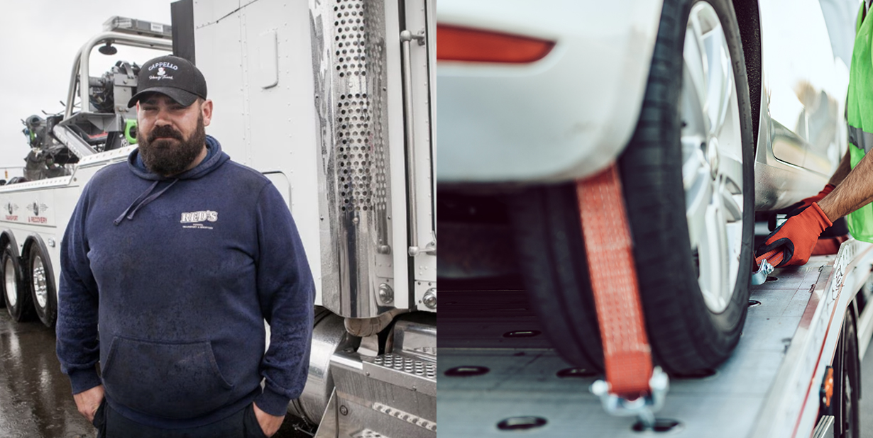 tow truck driver and vehicle on truck split image