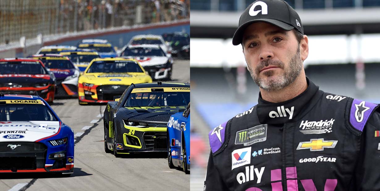 Race cars and Jimmie Johnson split image