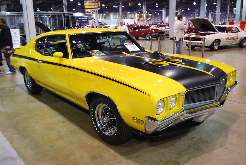 Close-up photo of a 1970 Saturn Yellow Buick GSX