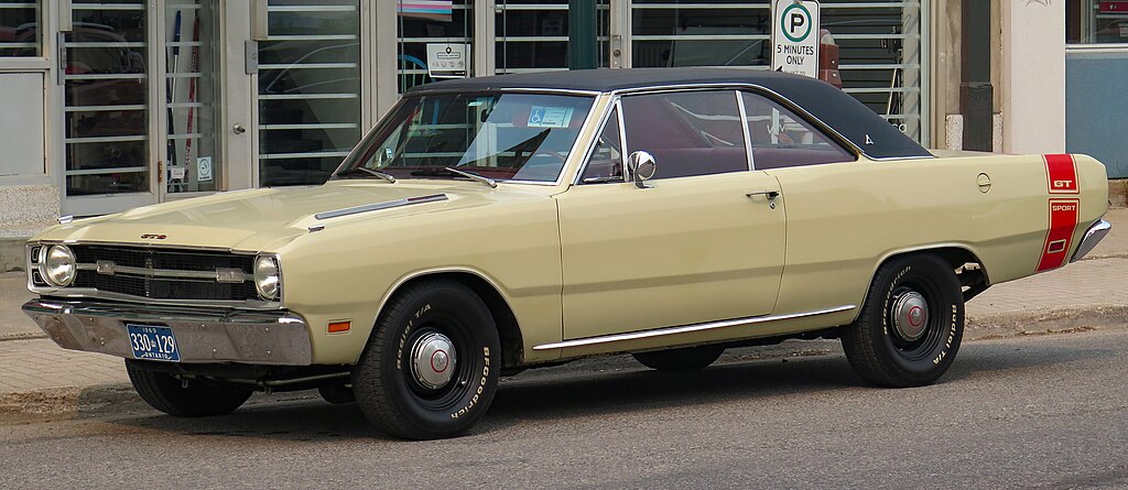 Close-up photo of a 1969 Dodge Dart GTS In Cream