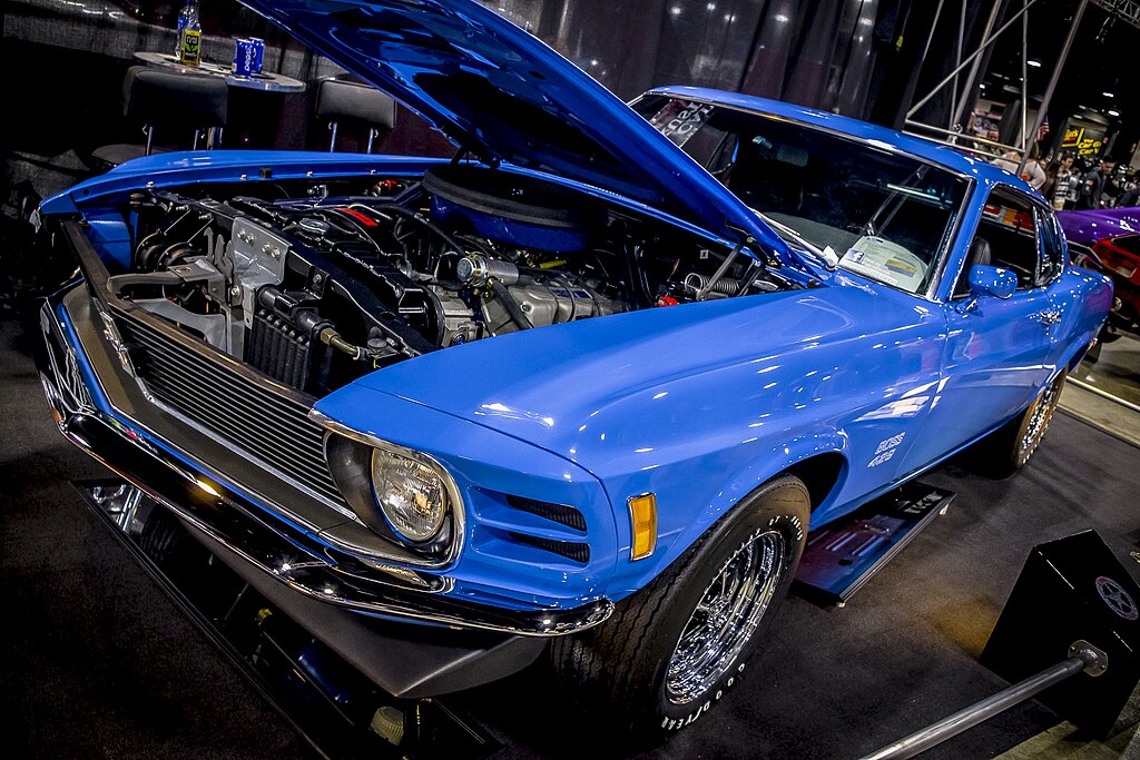Close-up photo of a Blue 1970 Ford Boss 429 Mustang