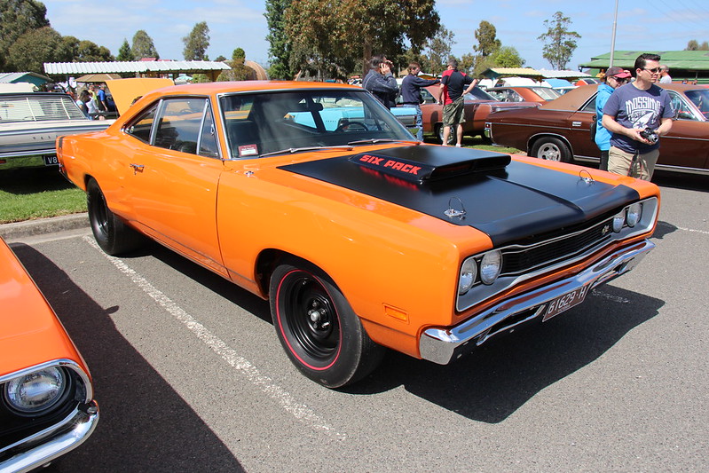 Close-up photo of a Orange 1969 Dodge Coronet Super Bee A12