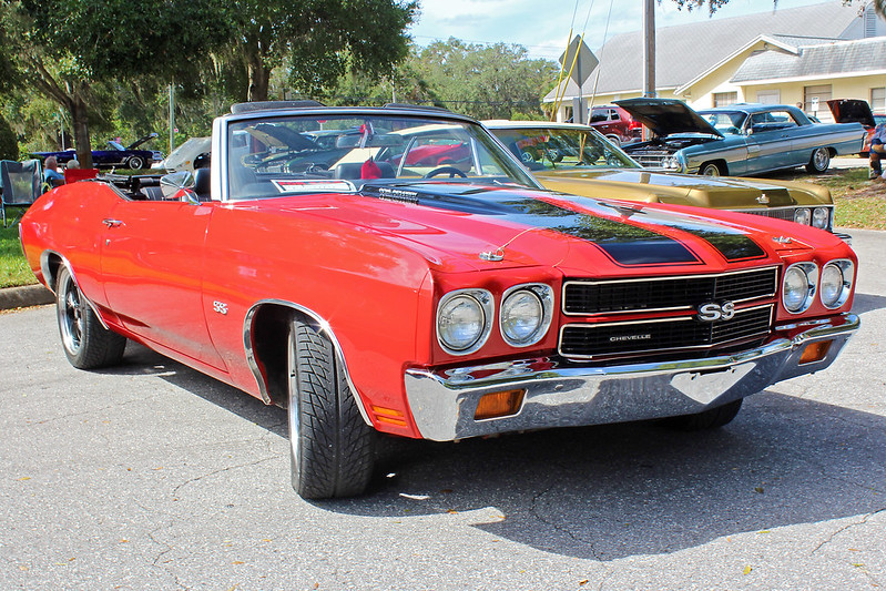 Close-up photo of a Red 1970 Chevrolet Chevelle SS convertible