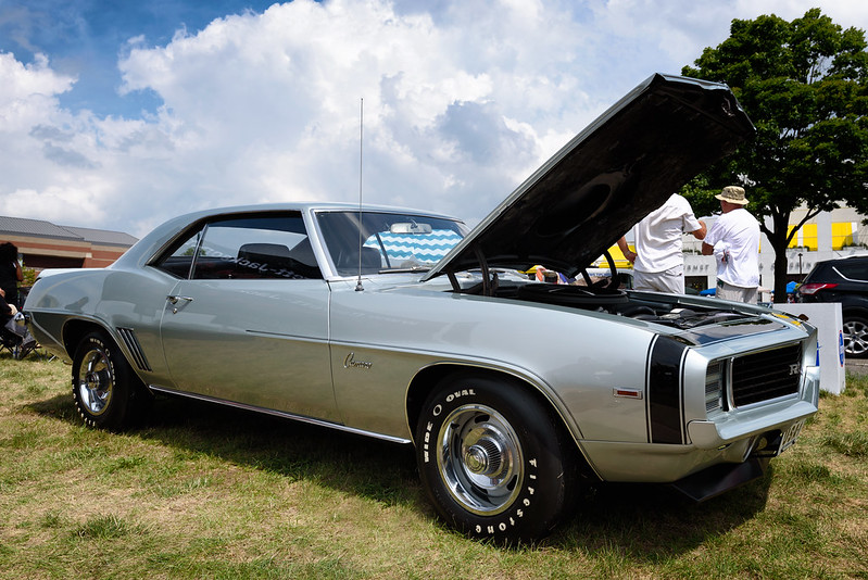 Close-up photo of a silver 1969 Chevrolet Camaro ZL1