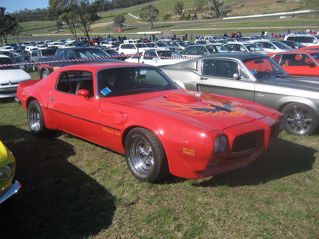 Close-up photo of a Red 1973 Pontiac Firebird Transam SD455