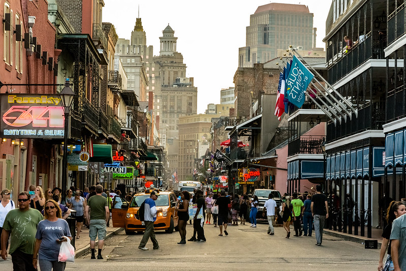Crowded Bourbon Street in New Orleans, Louisiana, USA