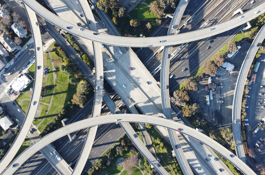 Aerial view of the MacArthur Maze in Oakland, CA
