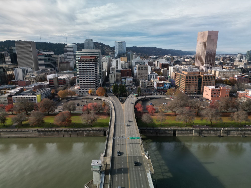 Aerial shot of the Morrison Bridge in Portland, Oregon