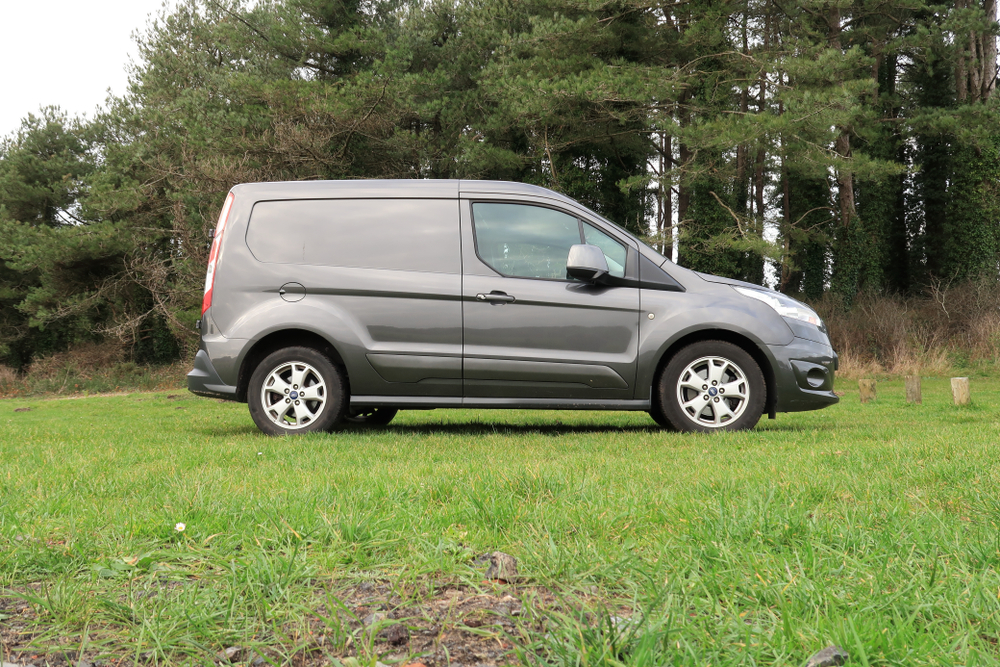 Gray Ford Transit Connect parked on grass