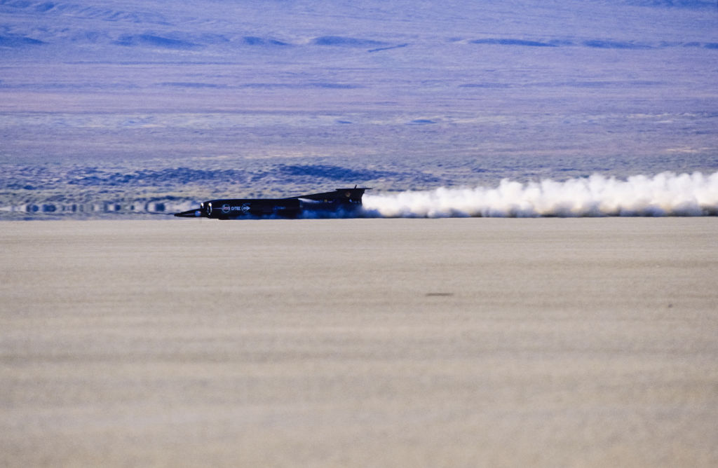The Thrust SSC car makes a speed run in September 1997 in the Black Rock Desert north of Reno, Nevada