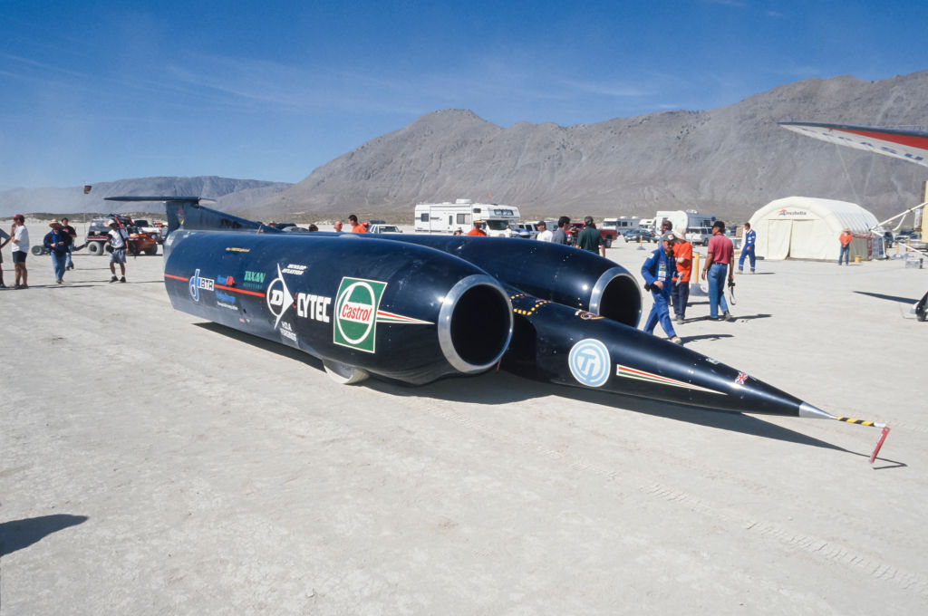 The ThrustSSC car is on display in September 1997 in the Black Rock Desert north of Reno, Nevada