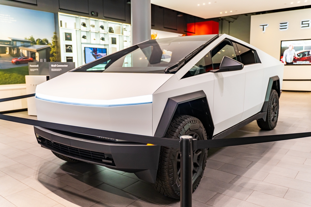 White Cybertruck at the Tesla showroom at the Santana Row, San Jose. - 2024