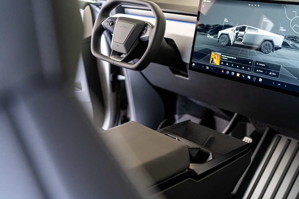 The interior of a Tesla Cybertruck is highlighted - 2024