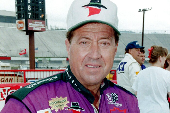 Harry Gant at North Wilkesboro Speedway for the Lowe's 250 Craftsman Truck Series race, September 1996. (Joe Ruttman in background.)