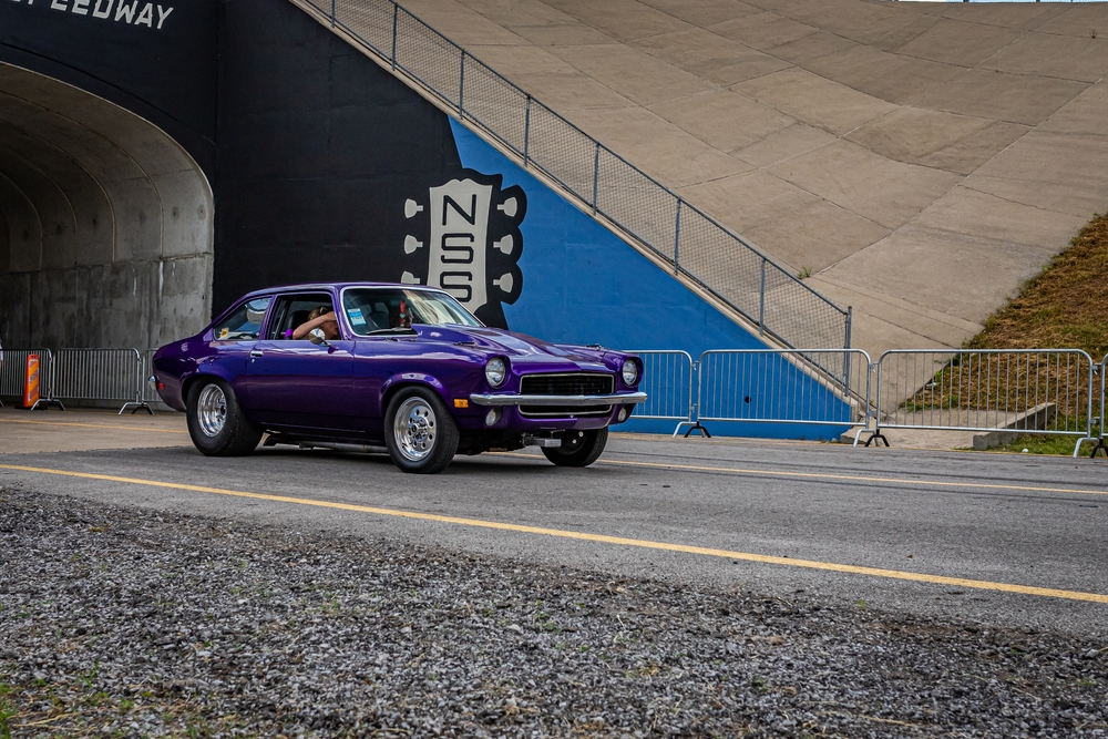 Wide angle front corner view of a 1973 Chevrolet Vega Hatchback