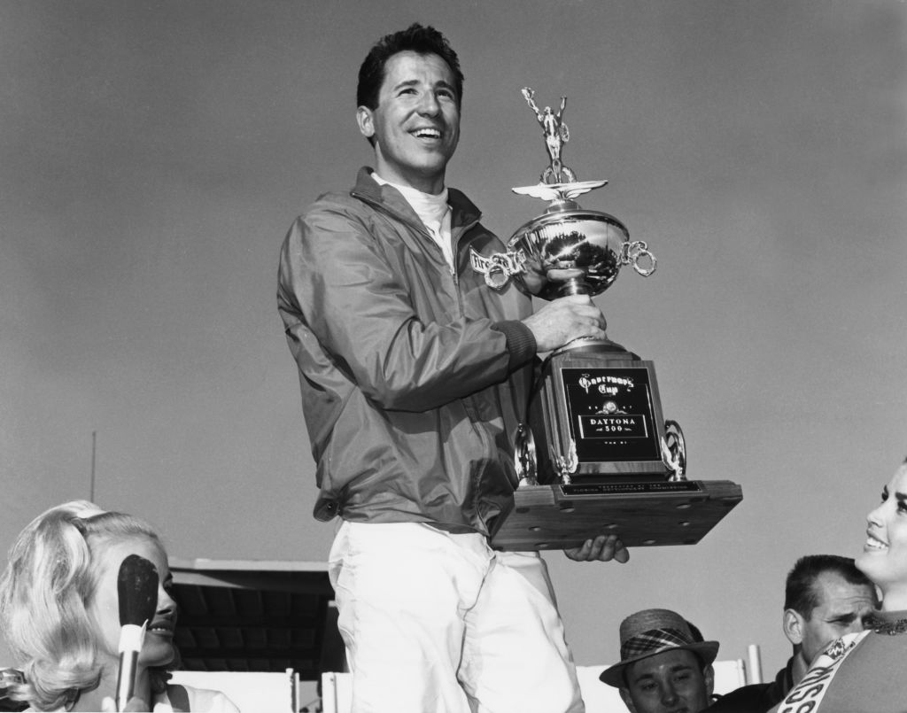 Mario Andretti stands in victory lane after winning the Daytona 500 on February 26, 1967