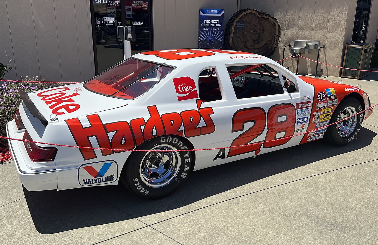 A replica of Cale Yarborough's No. 28 Hardee's Ford Thunderbird from 1985