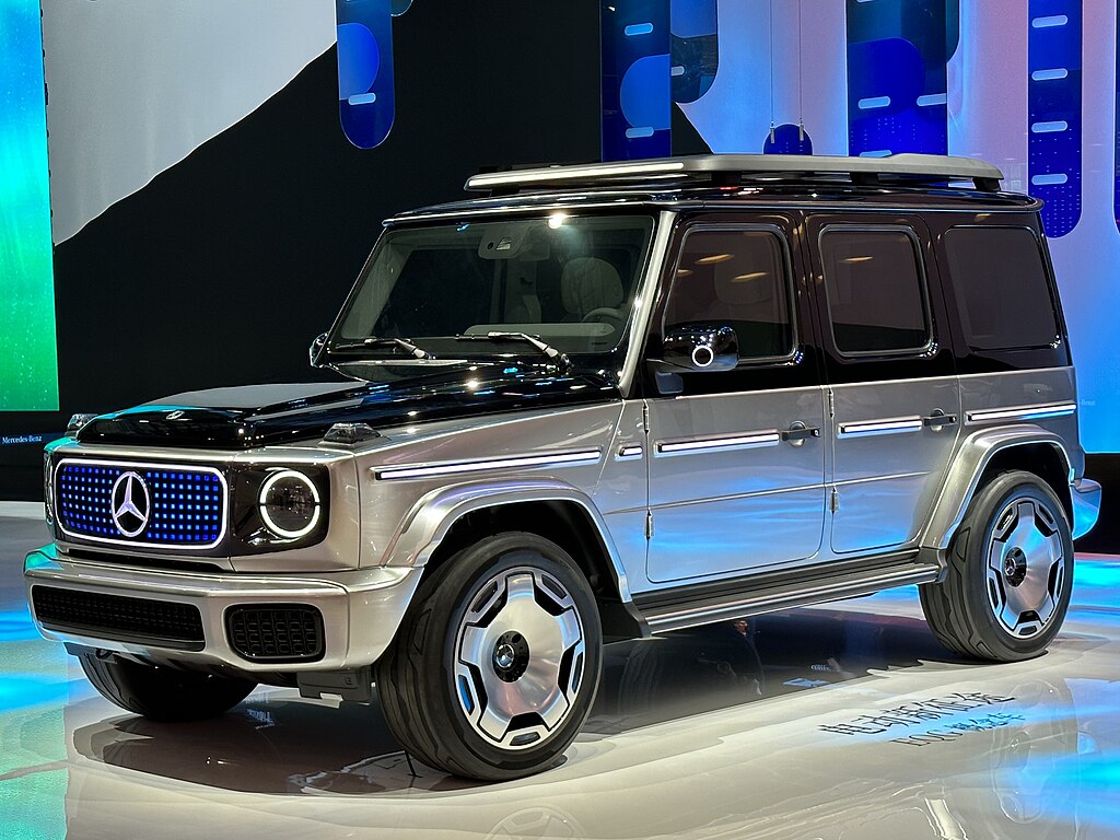A close-up photo of a Mercedes-Benz G-Class EV car on display at an exhibition