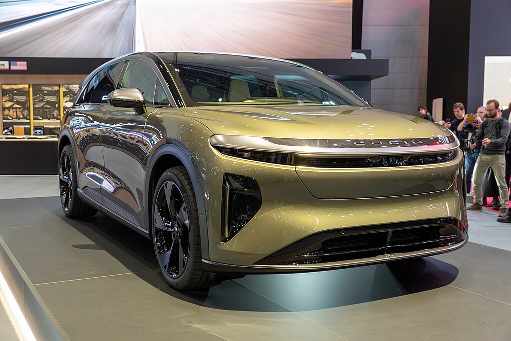 A close-up photo of a Lucid Gravity car on display at an exhibition