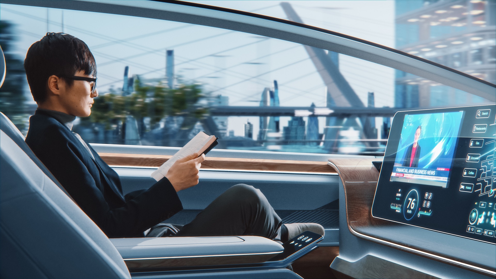 Businessman in Glasses Reading Notebook and Watching News in a Autonomous Self-Driving car.