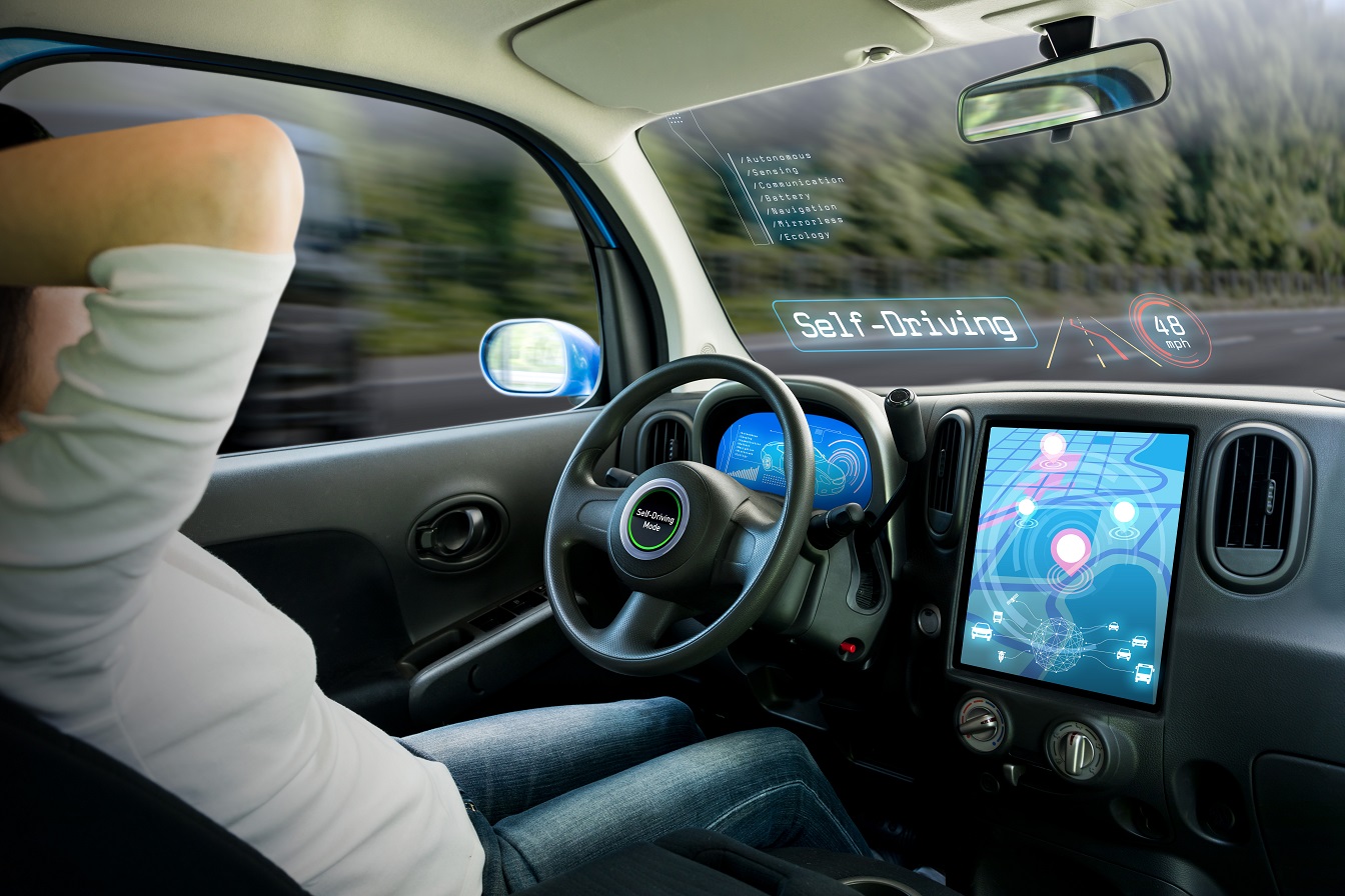 Cockpit of autonomous car. a vehicle running self driving mode.