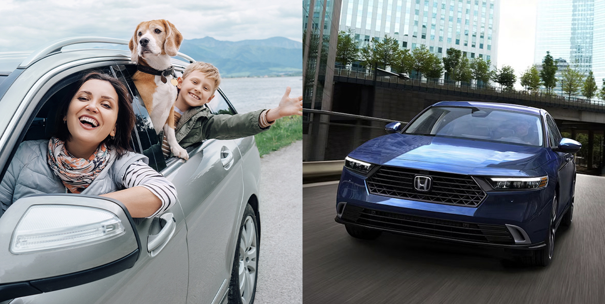 family in car and blue honda accord split image